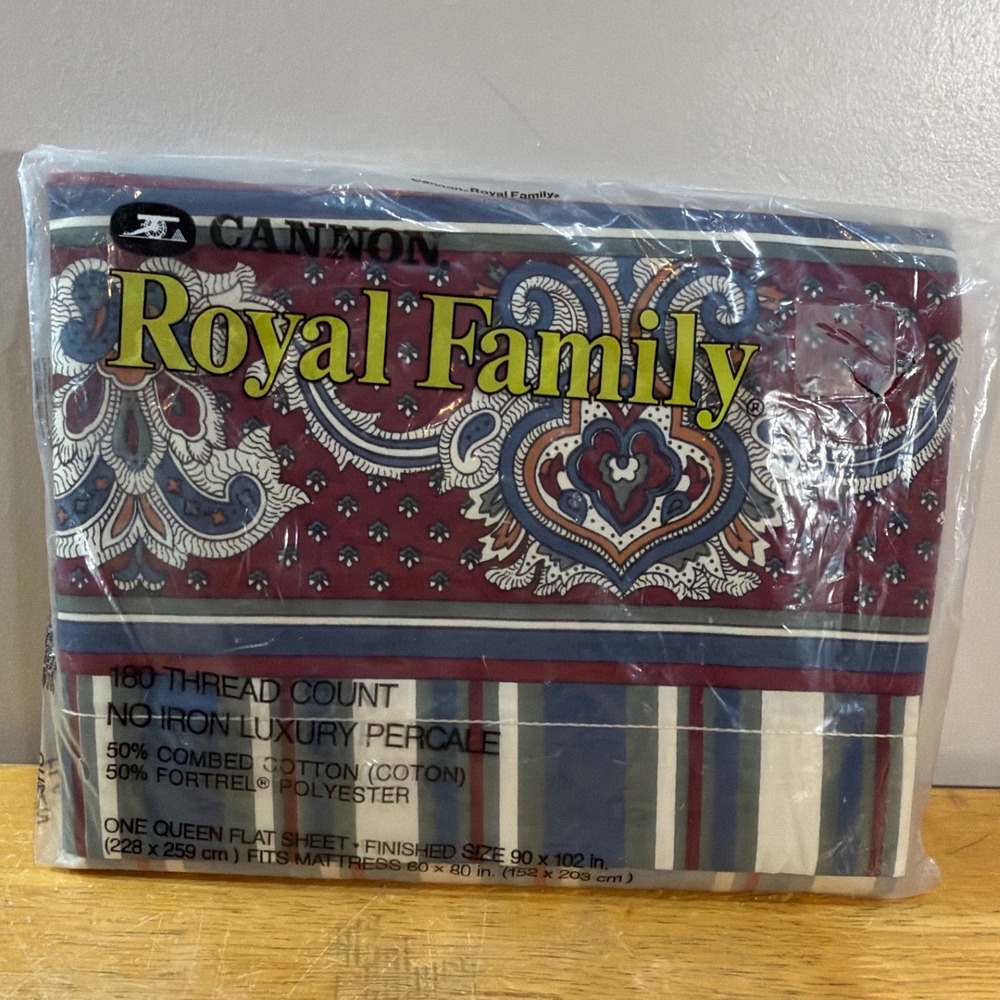 Cannon Flat Sheet Queen Vtg Blue Red Paisley Stripe Royal Family Provencal II
